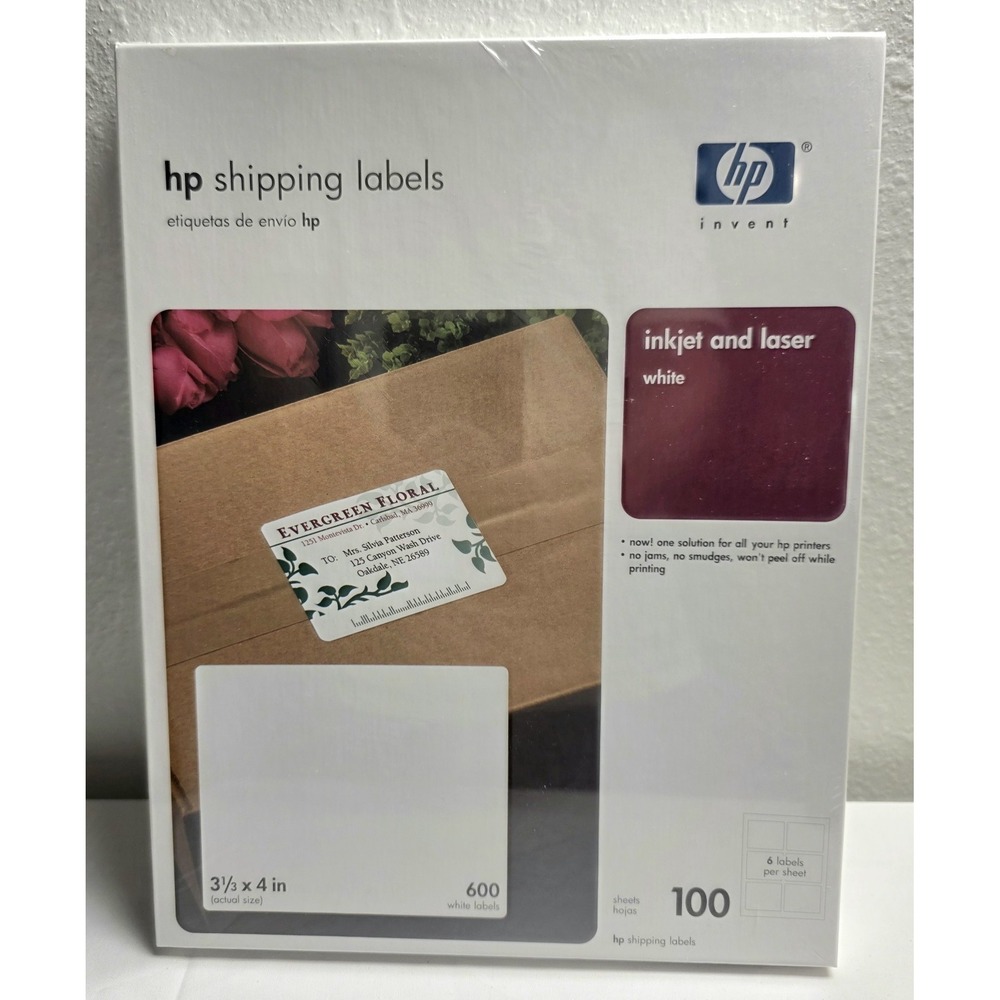 HP Shipping Labels Inkjet Laser 6 Labels x 100 sheets 600 Labels 3 1/3 x 4 Inch